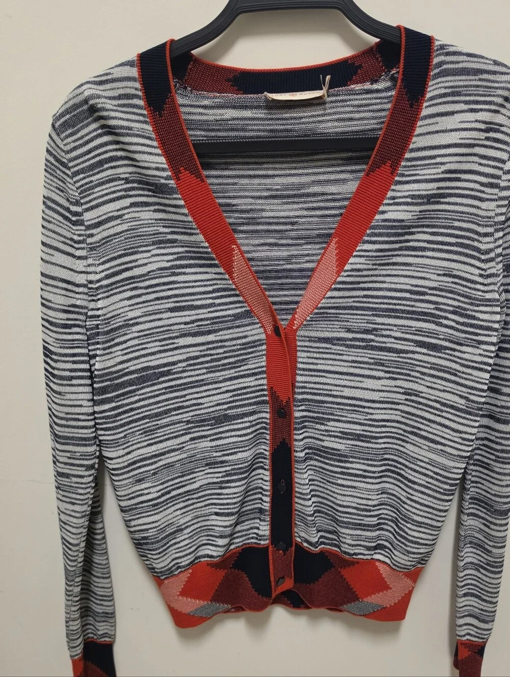 Tory Burch Arielle Contrast Trim Argyle Cardigan Sweater Size Small